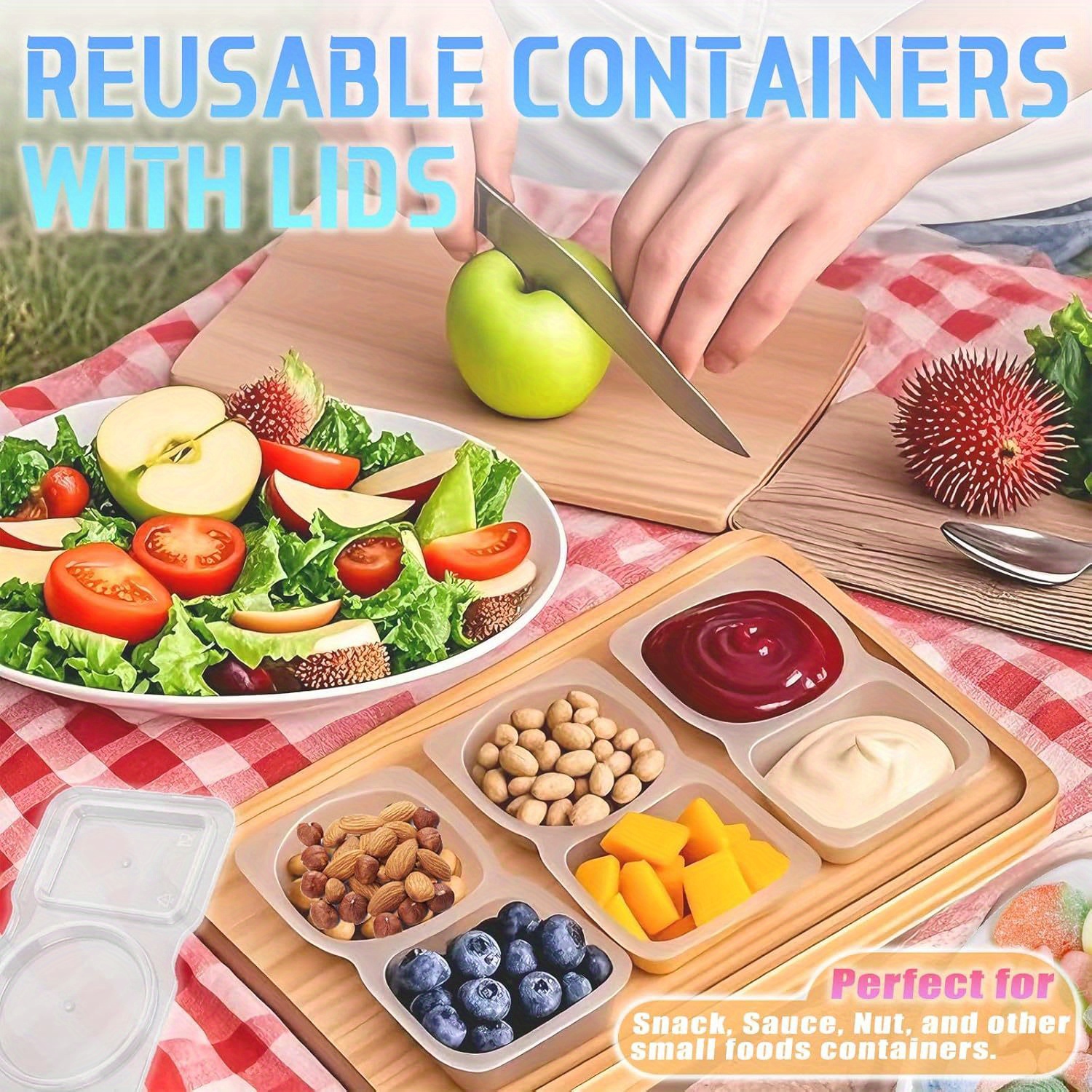 12pcs Reusable Double Compartment Snack & Condiment Containers with Leak-Proof Lids - BPA-Free Plastic Food Storage Containers for Lunch, Picnics, Office - Stackable, Hand Wash Only, Picnic Essentials, Flip Top Design