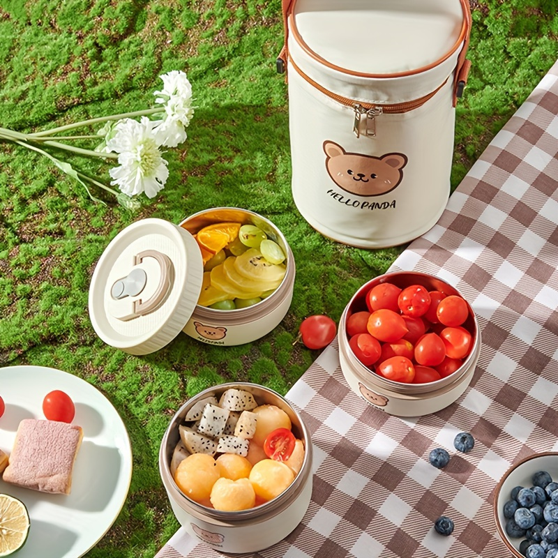 1pc Stainless Steel Insulated Lunch Box with Microwave-Safe Soup Bowl, Portable Multi-Layer Sealed Bento Box for Students & Office Workers, Cute Bear Design, Hand Wash Recommended, Round Shape, No Power Required, Kitchen & Dining Storage,Back to School