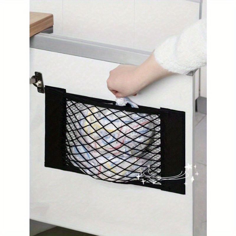 1pc Adhesive Wall-Mounted Storage Net Bag - No Drill Needed, Durable Polyester Mesh Organizer with Strong Adhesive Strips for Kitchen Cabinet Door, Car Trunk, Under Sink Organization - Holds Plastic Bags, Snacks, Tools