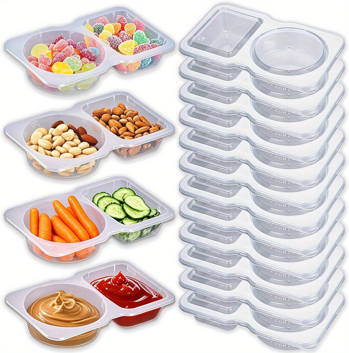 12pcs Reusable Double Compartment Snack & Condiment Containers with Leak-Proof Lids - BPA-Free Plastic Food Storage Containers for Lunch, Picnics, Office - Stackable, Hand Wash Only, Picnic Essentials, Flip Top Design