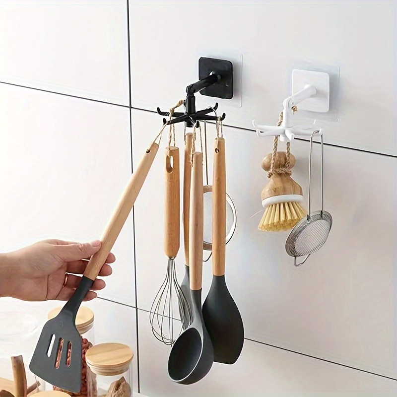 1pc Easy-Install 360° Rotating Pot Rack - No-Drill, Wall-Mounted, Expandable Black Plastic Kitchen Utensil Holder with Round Ceiling Storage Shelf for Spoons, Ladles & More