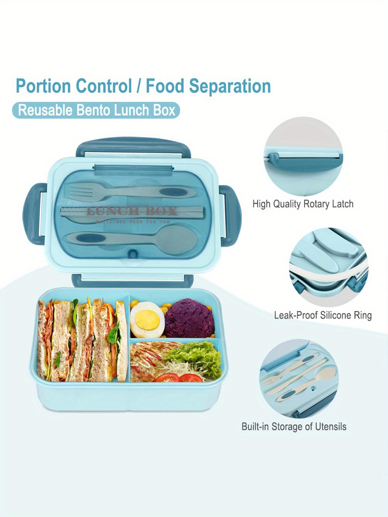 Leak-proof Lunch Box, Meal Box, Salad Box with Cutlery - BPA Free, Microwave Safe, 3 Compartments, Suitable for School, Work and Outdoor Dining, Outdoor Meal Box | Partitioned Lunch Box | Safety Lock Lid,back to school