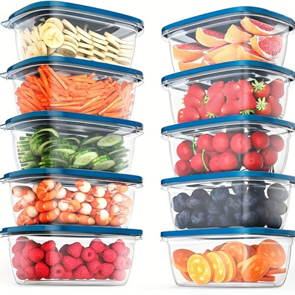 10pcs of Transparent Plastic Food Storage Containers with Blue Lids - Stackable, Reusable, Perfect for Kitchen Organization - Ideal for Grains, Meats, Fruits, Vegetables - Dishwasher and Microwave Safe