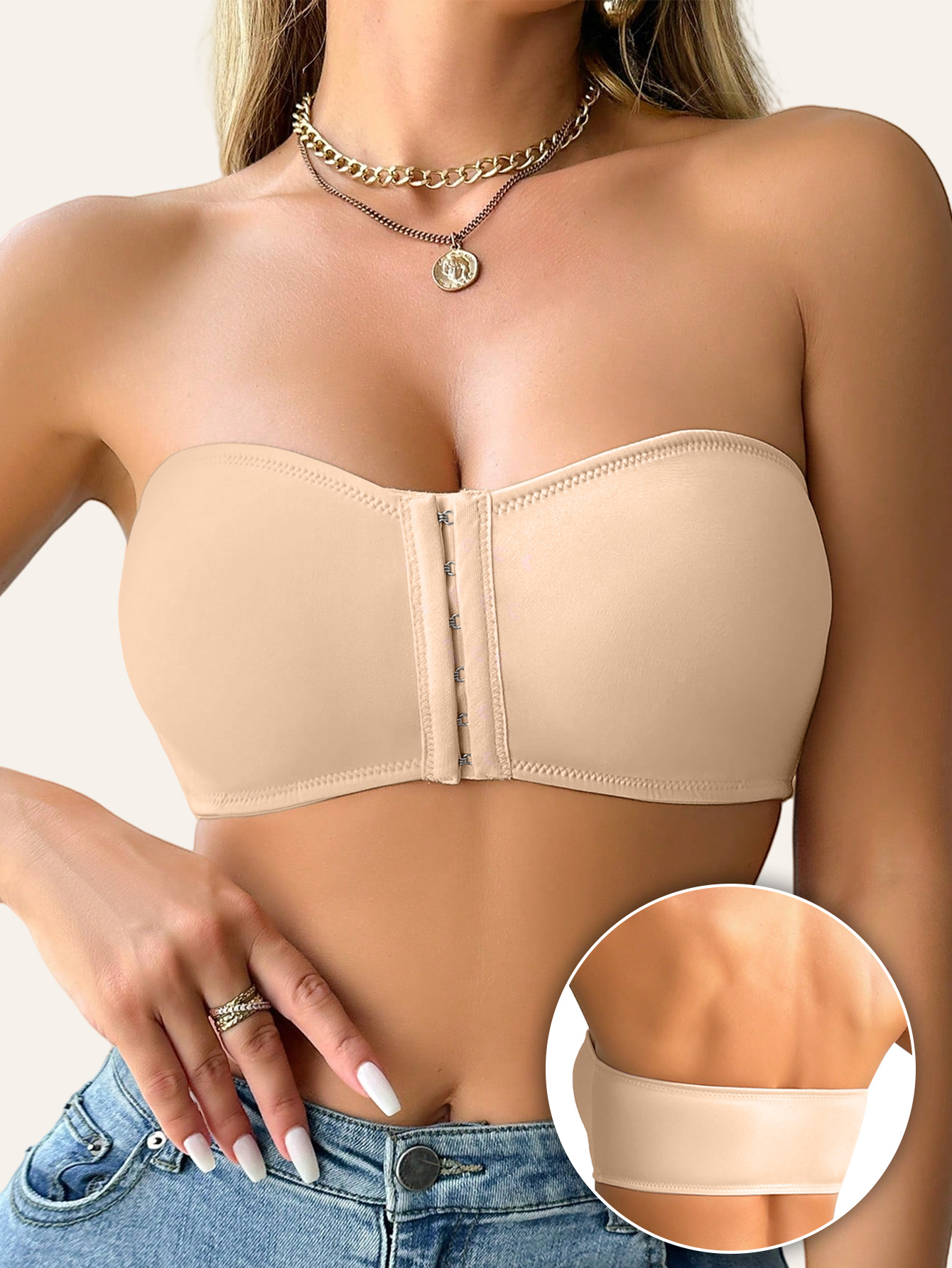 1pc Women's Strapless T-Shirt Bra with Front Clasp & 6-Row Zipper Closure - No Underwire Seamless Full Coverage, Removable Pads Breathable High-Elasticity Soft Pink for Yoga Gym Casual Outfits - All-Season Wear, Gym Tank Top | Fashion Bra | Functional Fashion - Image 4