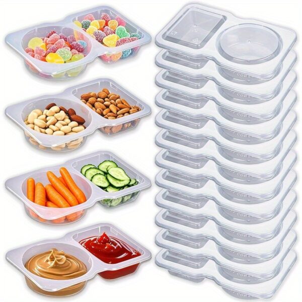 12pcs Reusable Double Compartment Snack & Condiment Containers with Leak-Proof Lids - BPA-Free Plastic Food Storage Containers for Lunch, Picnics, Office - Stackable, Hand Wash Only, Picnic Essentials, Flip Top Design