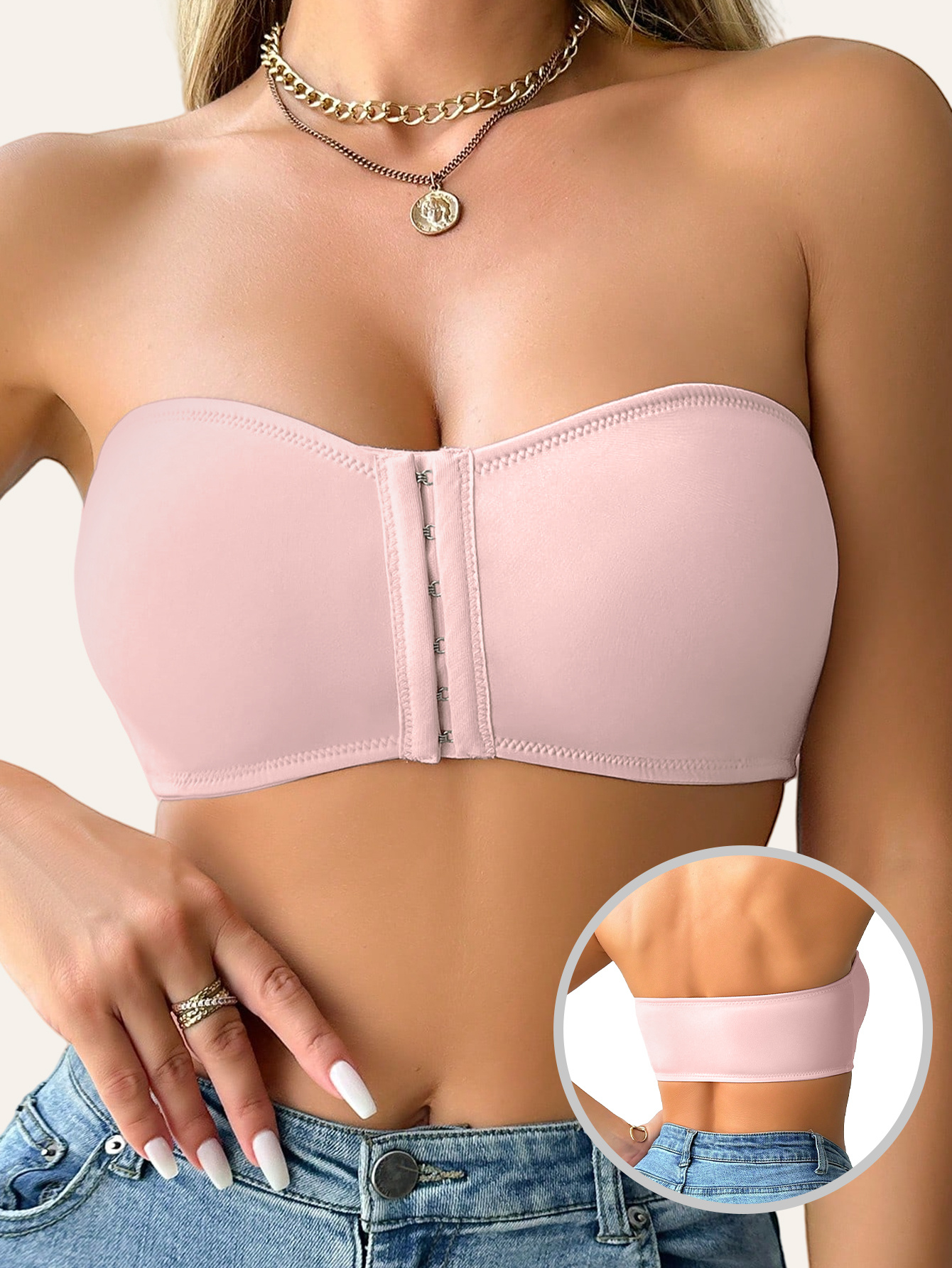 1pc Women's Strapless T-Shirt Bra with Front Clasp & 6-Row Zipper Closure - No Underwire Seamless Full Coverage, Removable Pads Breathable High-Elasticity Soft Pink for Yoga Gym Casual Outfits - All-Season Wear, Gym Tank Top | Fashion Bra | Functional Fashion