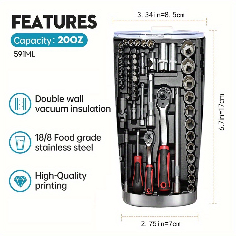 20oz Stainless Steel Travel Mug with Toolbox Design - Double-Walled Insulated Coffee Cup with Lid, Perfect Gift for Parents & Friends, Ideal for Camping, Hiking, Driving & Travel - Durable, Reusable