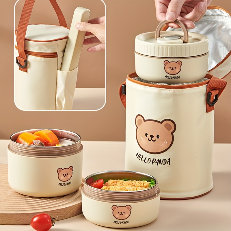 1pc Stainless Steel Insulated Lunch Box with Microwave-Safe Soup Bowl, Portable Multi-Layer Sealed Bento Box for Students & Office Workers, Cute Bear Design, Hand Wash Recommended, Round Shape, No Power Required, Kitchen & Dining Storage,Back to School