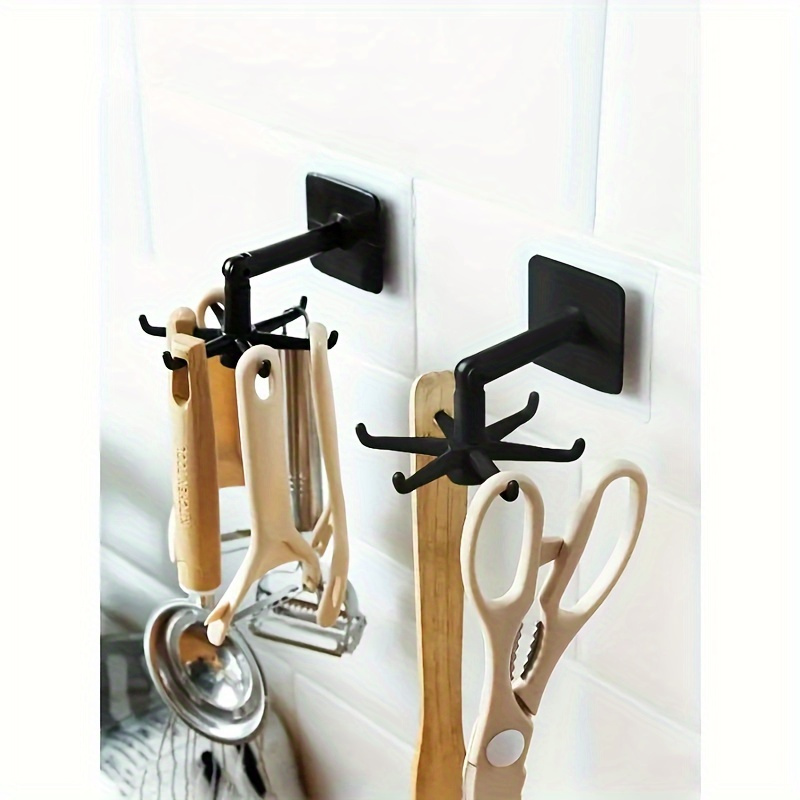 1pc Easy-Install 360° Rotating Pot Rack - No-Drill, Wall-Mounted, Expandable Black Plastic Kitchen Utensil Holder with Round Ceiling Storage Shelf for Spoons, Ladles & More