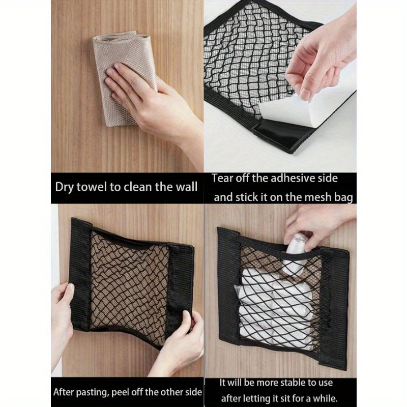 1pc Adhesive Wall-Mounted Storage Net Bag - No Drill Needed, Durable Polyester Mesh Organizer with Strong Adhesive Strips for Kitchen Cabinet Door, Car Trunk, Under Sink Organization - Holds Plastic Bags, Snacks, Tools